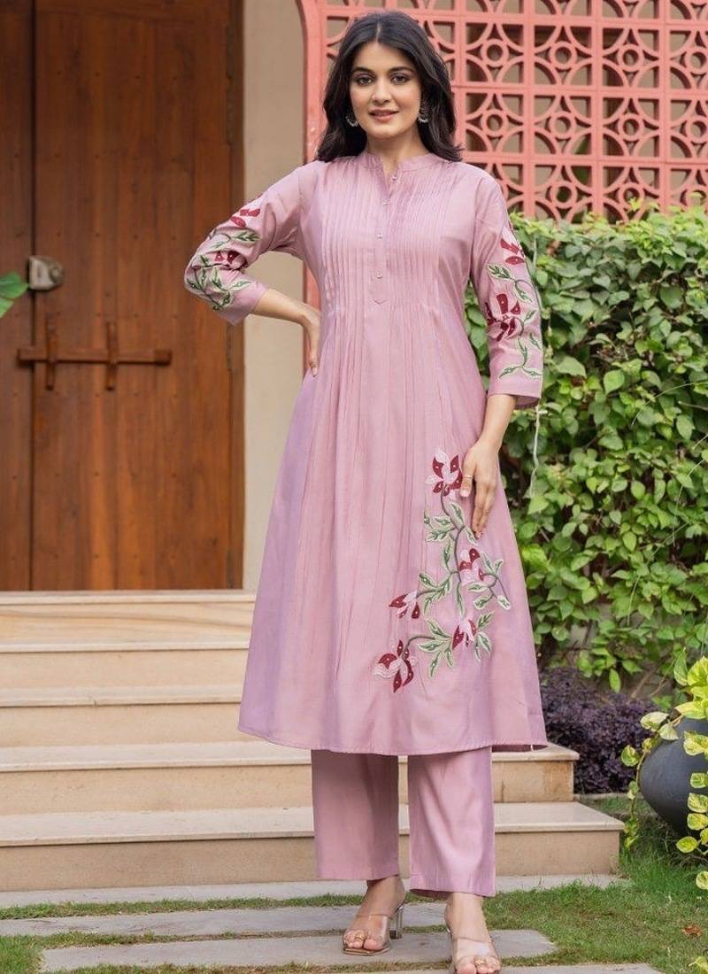 Floral embroidered pink v-neck pure cotton kurta with trouser