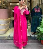 Floral embroidered pink round neck pure cotton kurta with trouser & dupatta set