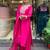 Floral embroidered pink round neck pure cotton kurta with trouser & dupatta set