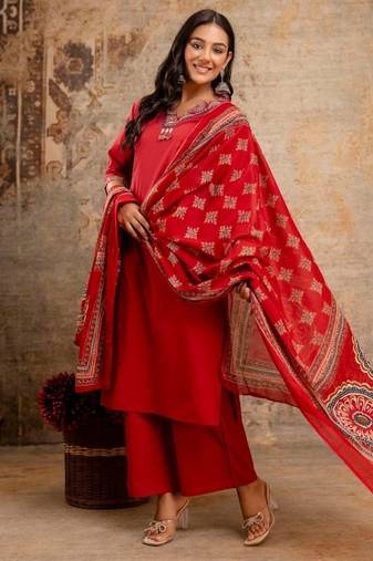 Floral embroidered red v neck pure cotton kurta with trouser & dupatta set