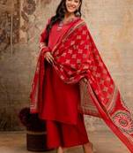 Floral embroidered red v neck pure cotton kurta with trouser & dupatta set