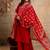 Floral embroidered red v neck pure cotton kurta with trouser & dupatta set