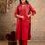 Floral embroidered red v neck pure cotton kurta with trouser & dupatta set