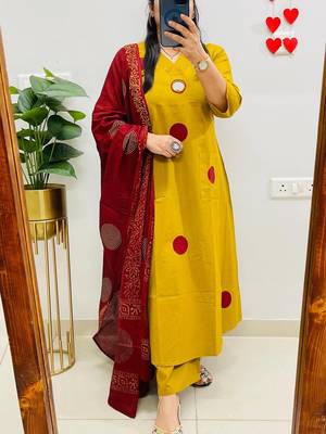 Floral embroidered yellow round neck  cotton kurta with trouser & dupatta set 1