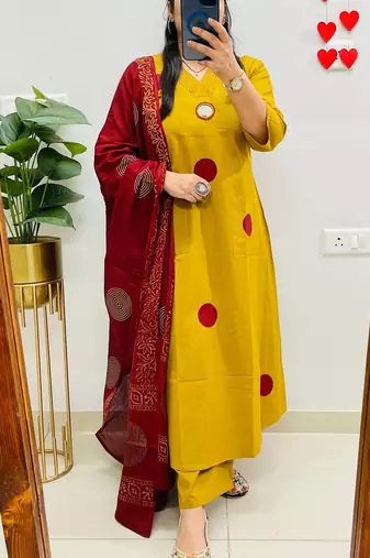 Floral embroidered yellow round neck pure cotton kurta with trouser & dupatta set