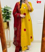 Floral embroidered yellow round neck pure cotton kurta with trouser & dupatta set