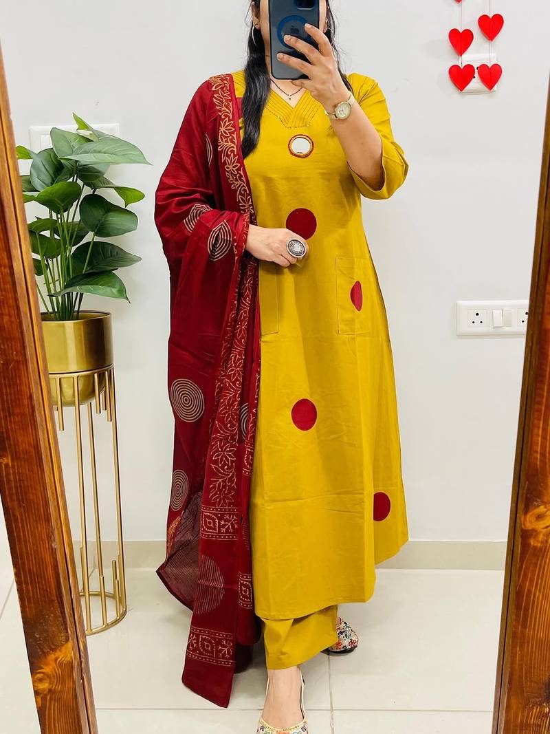Floral embroidered yellow round neck pure cotton kurta with trouser & dupatta set
