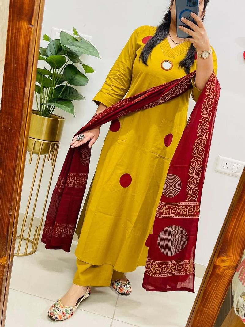 Floral embroidered yellow round neck pure cotton kurta with trouser & dupatta set