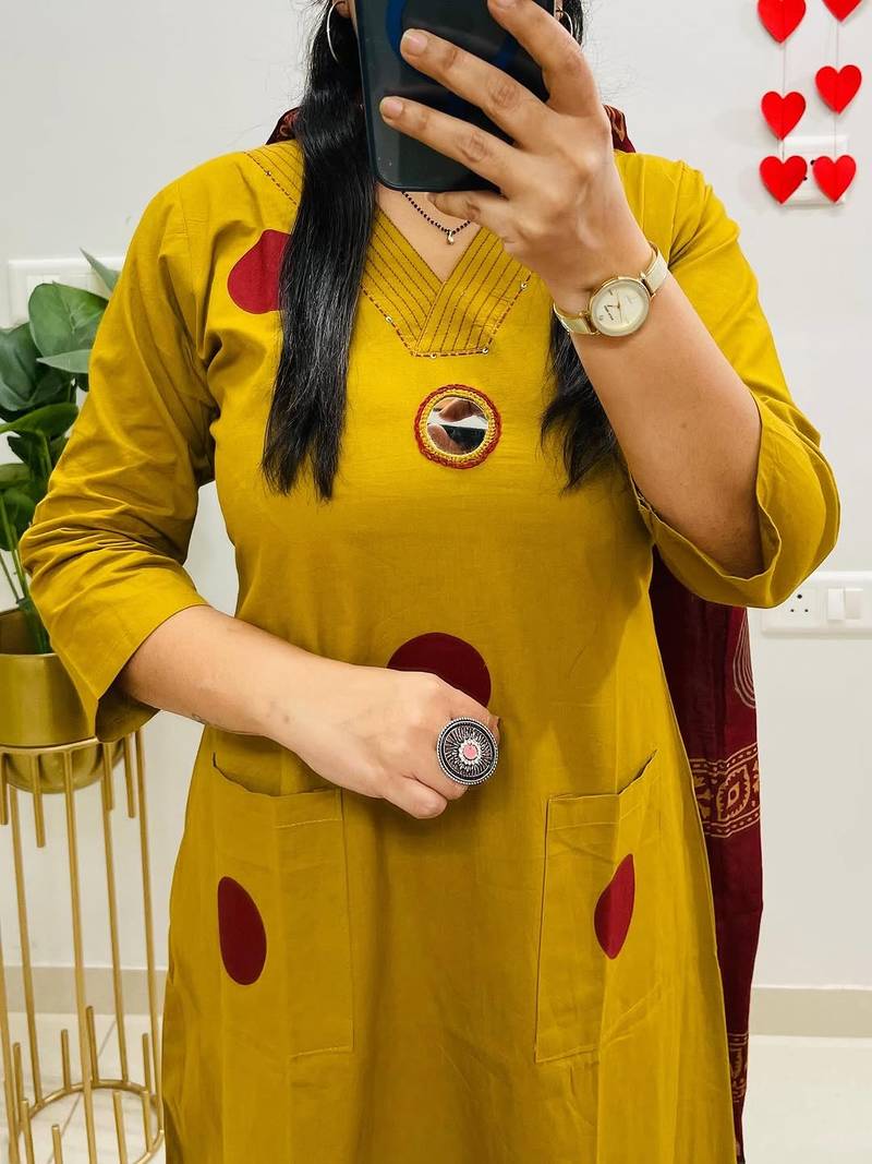 Floral embroidered yellow round neck pure cotton kurta with trouser & dupatta set