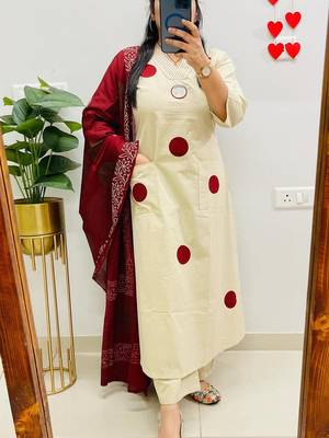 Floral embroidered white round neck  cotton kurta with trouser & dupatta set 1