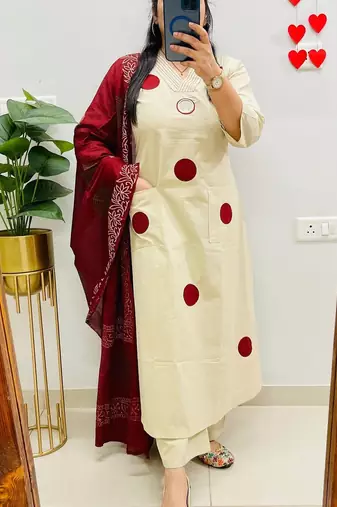 Floral embroidered white round neck pure cotton kurta with trouser & dupatta set