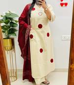 Floral embroidered white round neck pure cotton kurta with trouser & dupatta set
