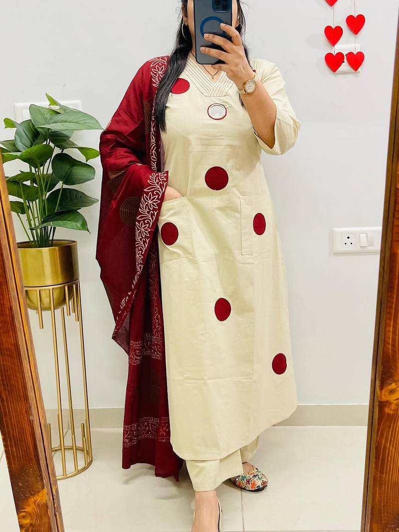 Floral embroidered white round neck pure cotton kurta with trouser & dupatta set