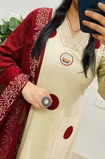 Floral embroidered white round neck  cotton kurta with trouser & dupatta set