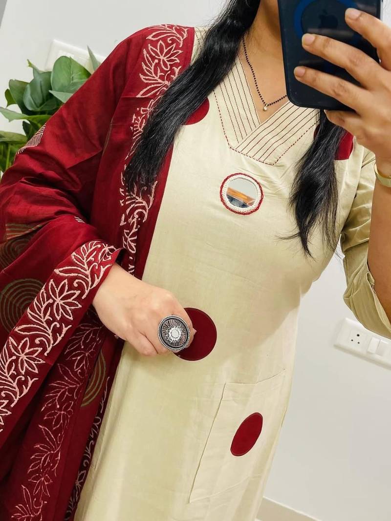 Floral embroidered white round neck pure cotton kurta with trouser & dupatta set