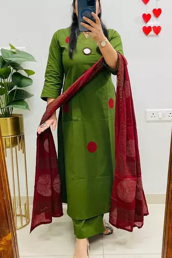 Floral embroidered green round neck  cotton kurta with trouser & dupatta set