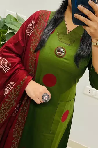 Floral embroidered green round neck  cotton kurta with trouser & dupatta set