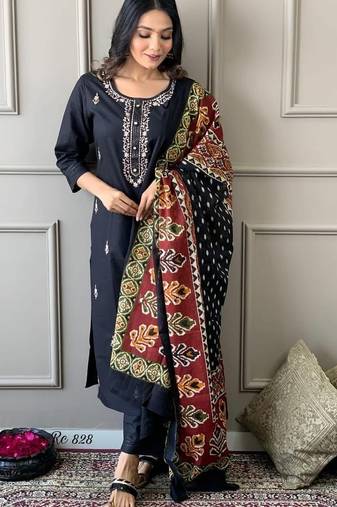 Floral embroidered blue round neck pure cotton kurta with trouser & dupatta set
