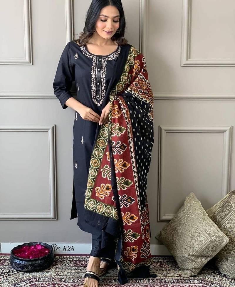 Floral embroidered blue round neck pure cotton kurta with trouser & dupatta set