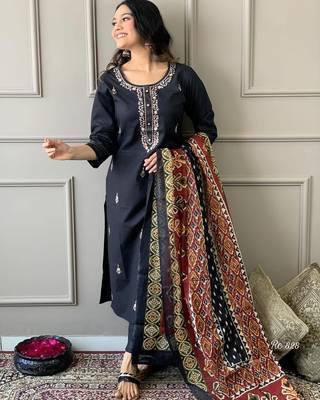 Floral embroidered blue round neck  cotton kurta with trouser & dupatta set 2