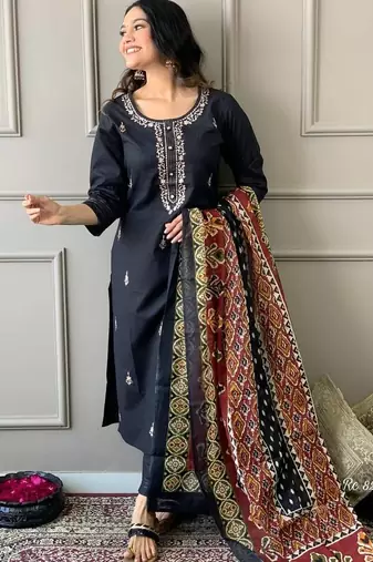 Floral embroidered blue round neck  cotton kurta with trouser & dupatta set