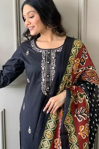 Floral embroidered blue round neck  cotton kurta with trouser & dupatta set