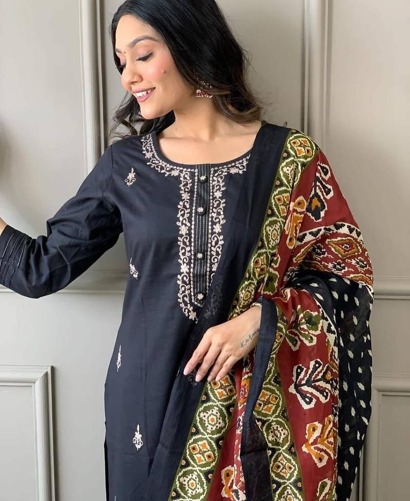 Floral embroidered blue round neck pure cotton kurta with trouser & dupatta set