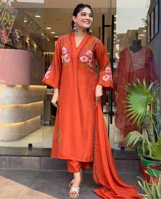 Floral embroidered orange v neck  cotton kurta with trouser & dupatta set 1