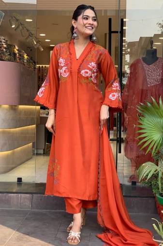 Floral embroidered orange v neck pure cotton kurta with trouser & dupatta set