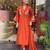 Floral embroidered orange v neck pure cotton kurta with trouser & dupatta set