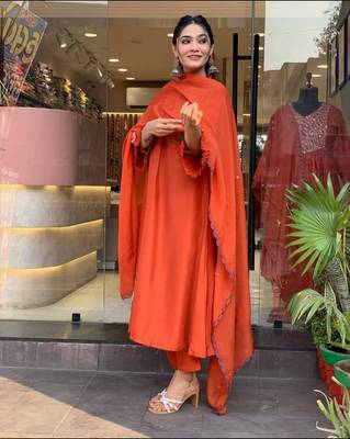 Floral embroidered orange v neck  cotton kurta with trouser & dupatta set 2