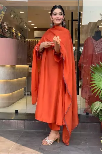 Floral embroidered orange v neck  cotton kurta with trouser & dupatta set