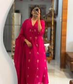 Floral embroidered pink v neck pure cotton kurta with trouser & dupatta set
