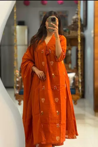 Floral embroidered orange v neck pure cotton kurta with trouser & dupatta set