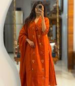 Floral embroidered orange v neck pure cotton kurta with trouser & dupatta set