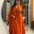 Floral embroidered orange v neck pure cotton kurta with trouser & dupatta set