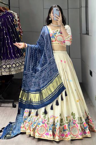 Neavy-Blue Color Rich Embroidery Work  Cotton Lehenga With Fully Stitched Blouse
