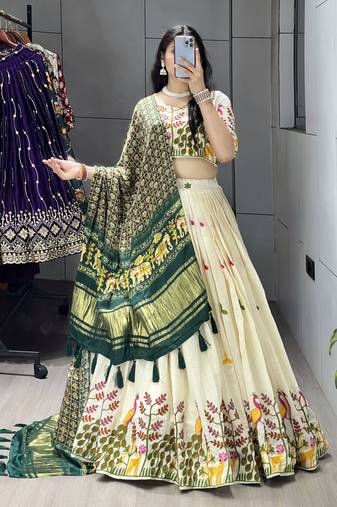 Green Color Rich Embroidery Work Cotton Lehenga With Fully Stitched Blouse
