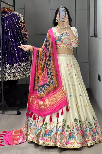 Pink Color Rich Embroidery Work Cotton Lehenga With Fully Stitched Blouse
