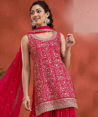 Red embroidered georgette stitched palazzo style salwar suit 1