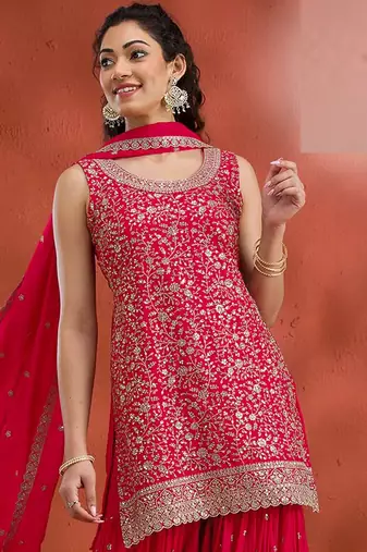 Red embroidered georgette semi-stitched palazzo style salwar suit