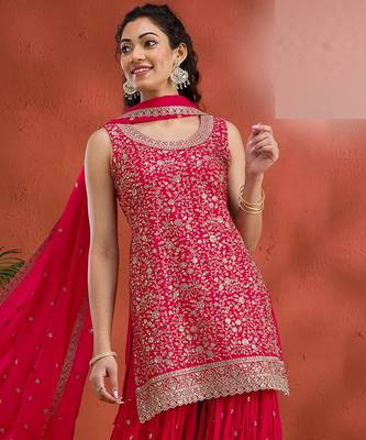 Red embroidered georgette stitched palazzo style salwar suit 2