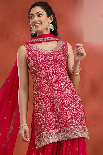 Red embroidered georgette stitched palazzo style salwar suit