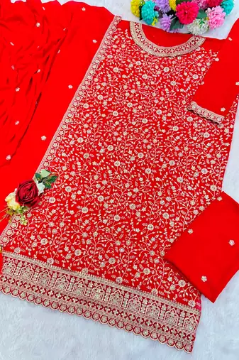 Red embroidered georgette stitched palazzo style salwar suit
