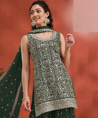 Green embroidered georgette stitched palazzo style salwar suit 1