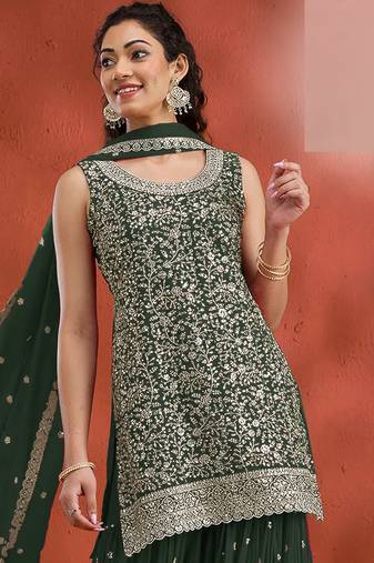 Green embroidered georgette semi-stitched palazzo style salwar suit