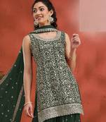Green embroidered georgette semi-stitched palazzo style salwar suit