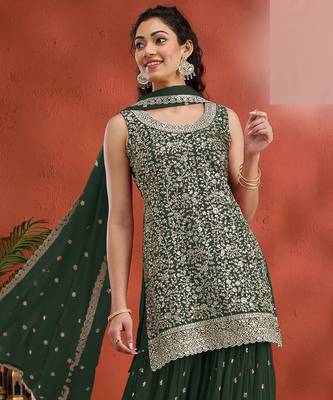 Green embroidered georgette stitched palazzo style salwar suit 2