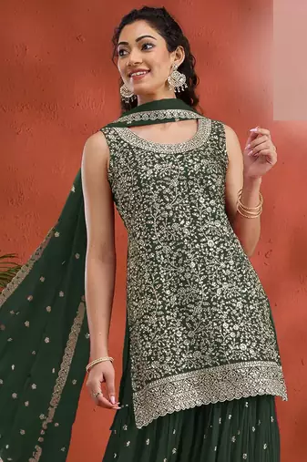 Green embroidered georgette stitched palazzo style salwar suit