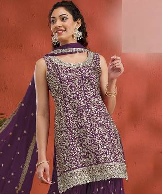 Purple embroidered georgette stitched palazzo style salwar suit 1